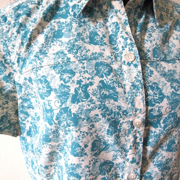 REI Women's Trailsmith Button Up shirt  Floral teal/cream  Large EUC - Picture 1 of 13